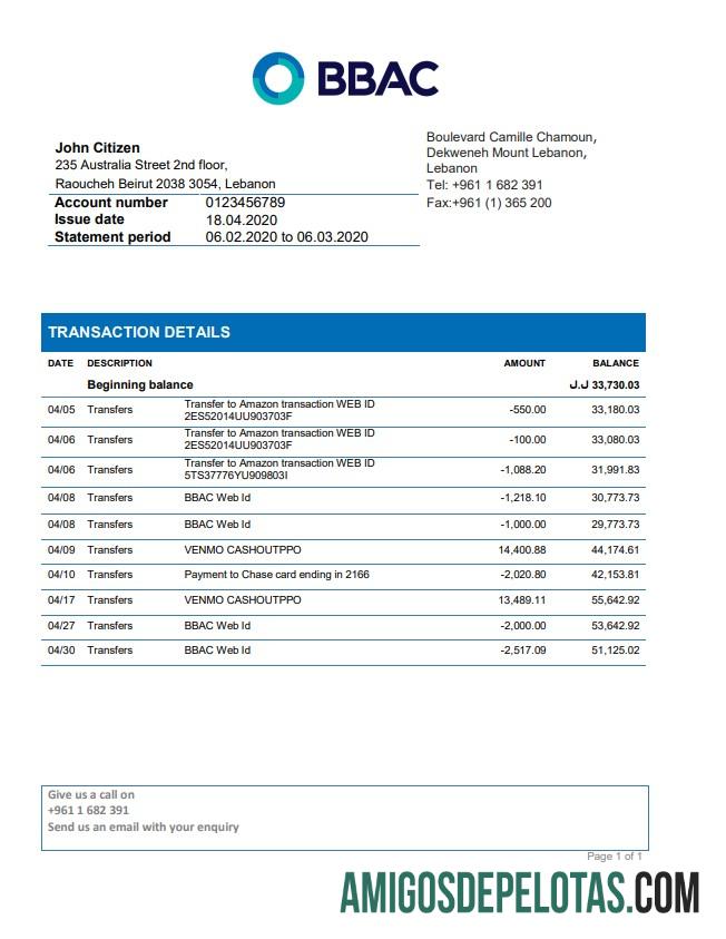 Lebanon BBAC extrato bancário amostra